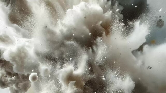 A powerful explosion creates a cloud of dust and debris as materials scatter in the air at a construction site under a bright sky, showcasing raw energy.