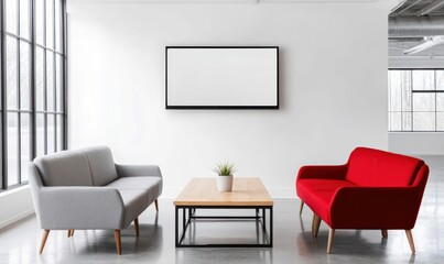 Bright waiting area with a gray sofa, red loveseat, and blank monitor for customization.