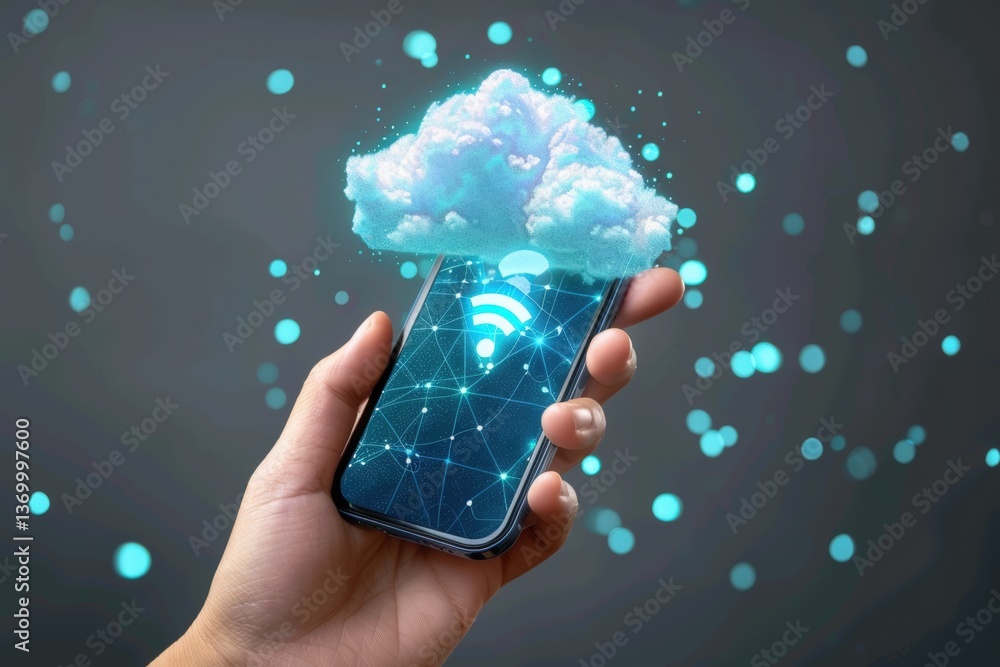 Poster a hand holds a smartphone displaying a cloud and wi-fi symbol, symbolizing cloud computing and conne