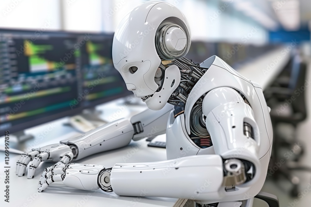 Poster a futuristic robot seated at a desk, appearing contemplative, amidst monitors displaying data in a m