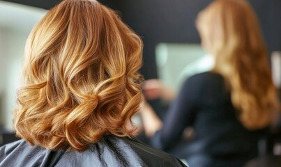 A woman getting her golden, wavy hair styled at a salon with a focus on texture and color.