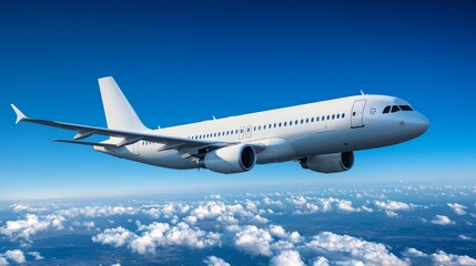 Obraz premium Airplane soaring through clear blue skies above fluffy white clouds during a sunny day