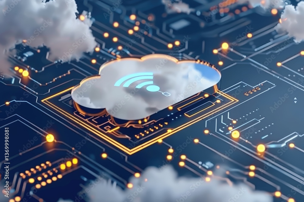 Poster a digital illustration depicting a cloud connected to a network, emphasizing wireless technology wit