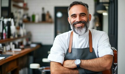 Confident barber smiles warmly with arms crossed in his vintage-style barbershop, showcasing his expertise.