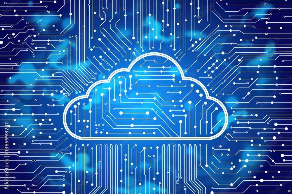 Poster a digital illustration of a cloud symbol surrounded by intricate circuit patterns, representing clou