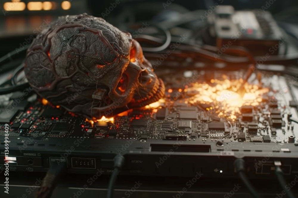 Poster a futuristic skull with a brain lies on a circuit board, symbolizing the intersection of technology 