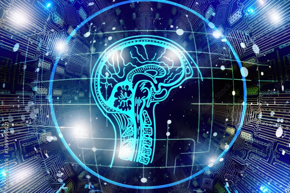 Poster a digital representation of a brain superimposed on a circuit board, symbolizing the intersection of
