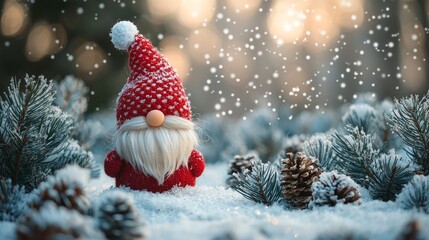Adorable Christmas Gnome Surrounded by Snow and Pinecones in Winter