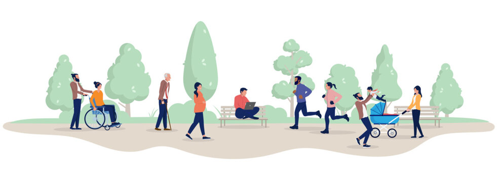 Various people in public park outdoors - Vector characters spending time and doing leisure activities outside in fresh air. Flat design vector illustration graphic on white background