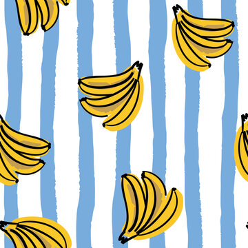 Tropical yellow banana fruits, striped background. Vector illustration. Seamless pattern. Exotic plants. Summer beach design. Paradise nature
