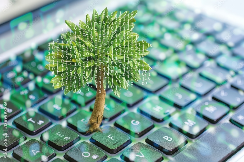 Poster a miniature tree grows from a laptop keyboard, symbolizing the fusion of nature and technology in a 