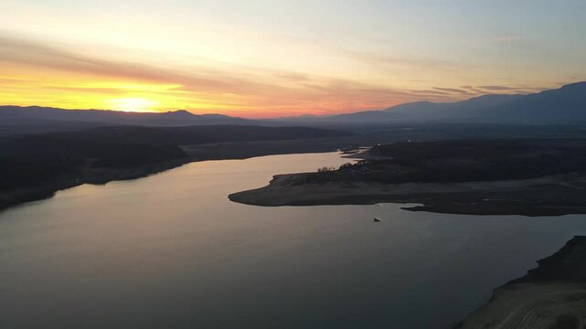 Aerial Sunset view of Koprinka Reservoir, Stara Zagora Region, Bulgaria