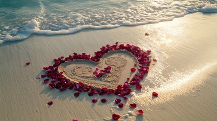 A calm seashell-lined beach at sunrise featuring a heart-shaped sand drawing filled with fresh rose petals
