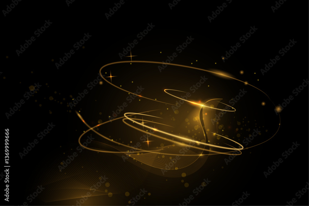 Poster Illustration vector abstract chaos, gold wave line pattern, flow line and particle dot on dark color background. Modern futuristic, design for background. Digital high tech, energy technology concept