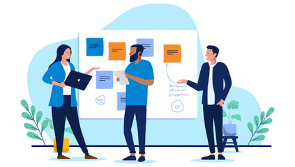 Workshop businesspeople - Team of people working on whiteboard taking notes, getting insights and doing project process for company strategy together. Flat design vector illustration graphic