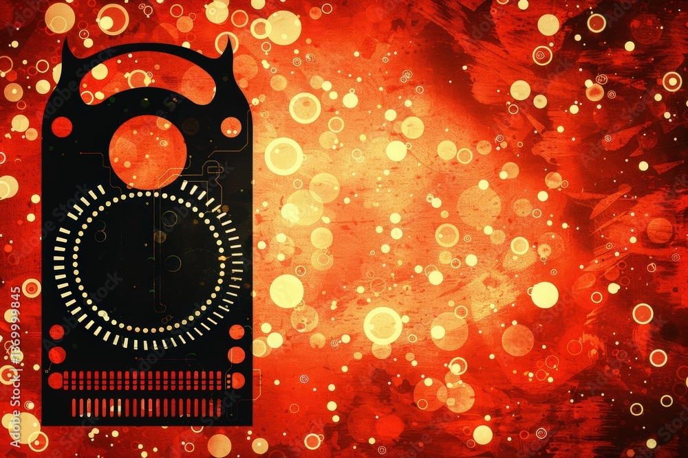 Aufkleber an abstract image featuring a circular dial design against a vibrant red and gold background with sc