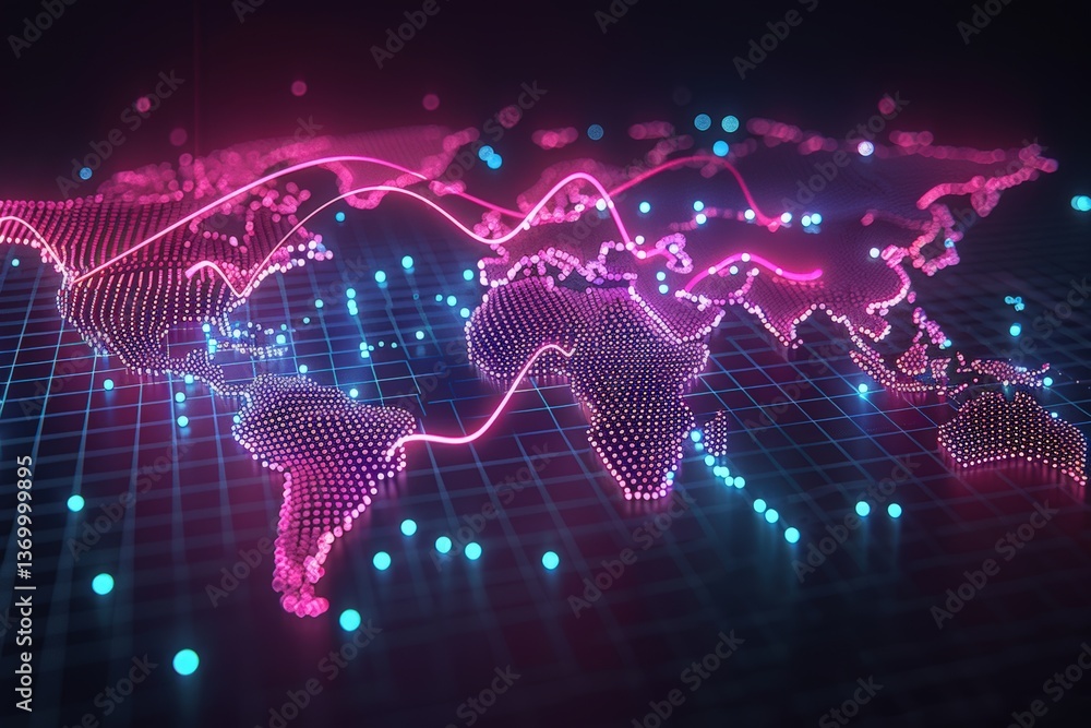 Aufkleber a vibrant digital world map illuminated with neon dots and lines, representing data connectivity and