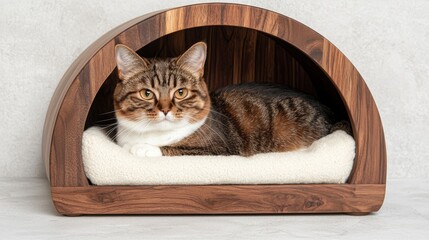 A cozy cat rests inside a stylish wooden house, featuring a soft bed, showcasing a blend of comfort and modern design.