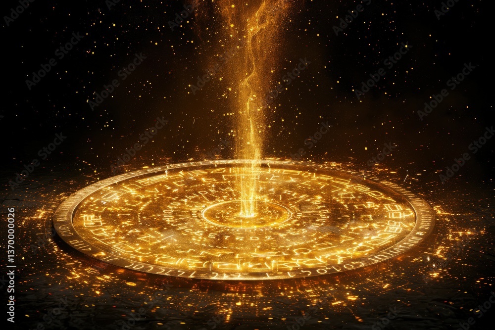 Poster a glowing, circular design emits a stream of golden light against a dark background, creating a myst