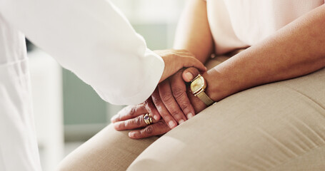Closeup, patient and doctor with holding hands for support, kindness and empathy for cancer...