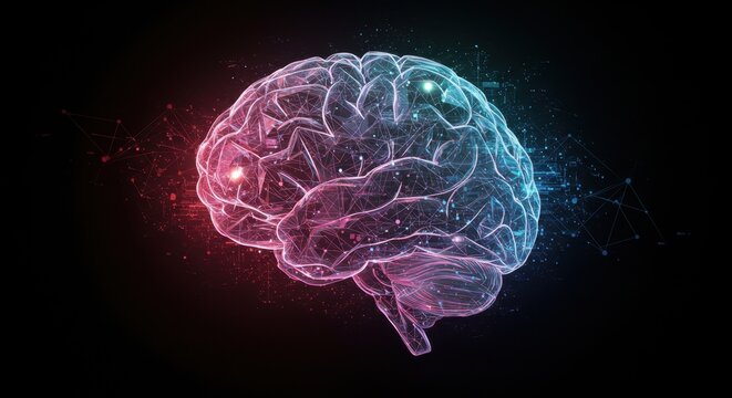 Glow neon blue purple digital brain model with neural network connections on dark background. Futuristic style banner for medical presentation. Healthcare and sience innovation.