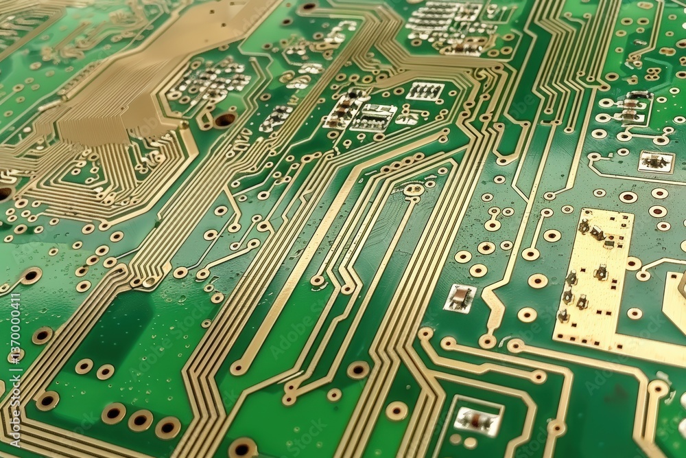 Poster a close-up view of a green printed circuit board (pcb) with intricate gold circuitry, showcasing mod