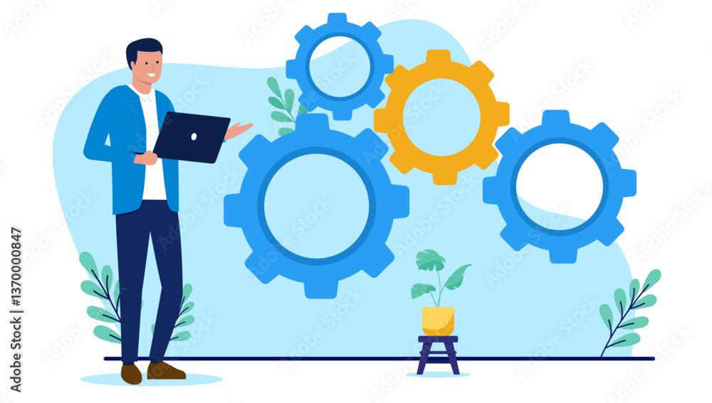 Aufkleber man with computer and business cogwheels - businessman standing holding laptop and working keeping t
