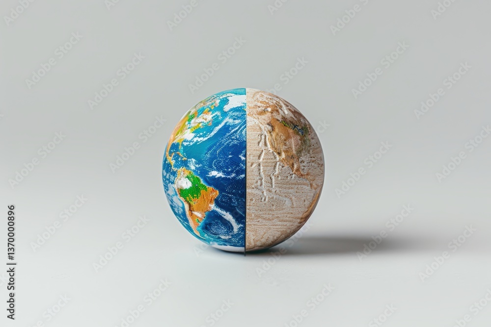 Poster a globe split in half, showcasing a vibrant earth on one side and a textured, beige representation o
