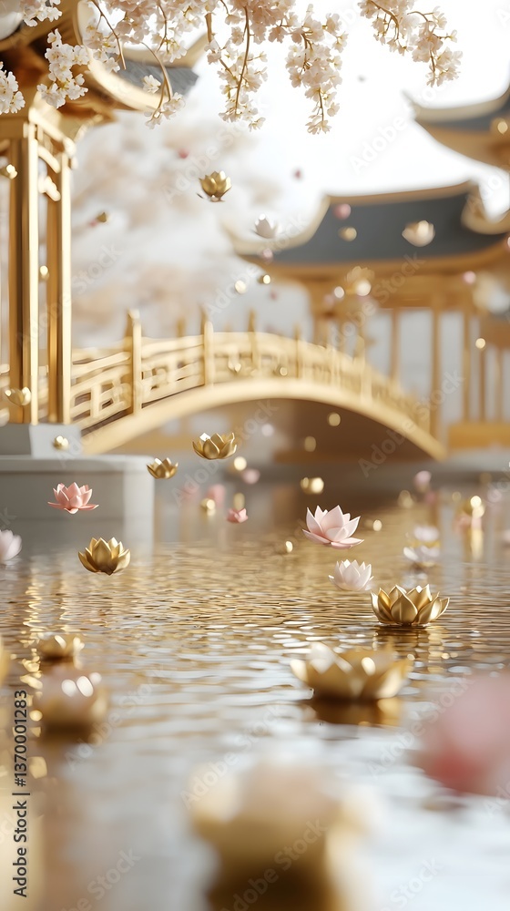 Poster a serene and ethereal 3d rendering of the buddhist pure land featuring ornate golden bridges and del
