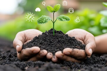 A pair of hands cradles soil with a small plant sprouting, surrounded by icons representing growth, sustainability, and environmental awareness.