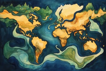 Watercolor World Map Artistic Global View.
