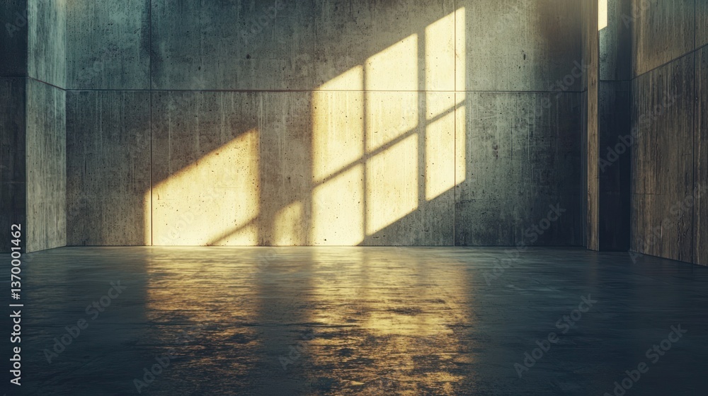 Poster an empty warehouse with a matte concrete floor and muted tones, creating a minimalist atmosphere.