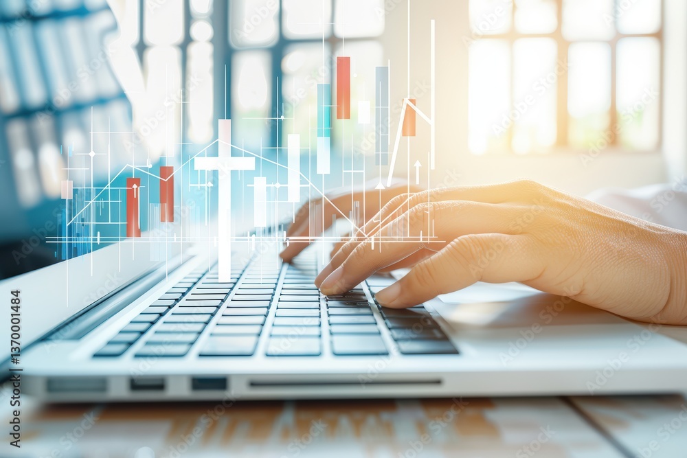 Poster a person typing on a laptop with a digital graph overlay, symbolizing data analysis and financial tr
