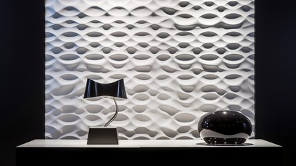 Modern Interior Design with Textured Wall, Table Lamp, and Decorative Sphere