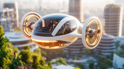 Flying vehicle hovering effortlessly above vibrant cityscape. Sleek design showcases advanced technology against backdrop of modern skyscrapers