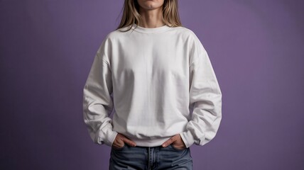Young Model Shirt Mockup, Girl wearing white crew neck sweatshirt, a blank white style Gildan sweatshirt mockup purple background.