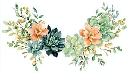 Fototapeta premium Elegant Arrangement of Succulents and Flowers in Watercolor Style