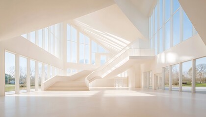 Obraz premium Sunlit Modern Staircase in White Hall.