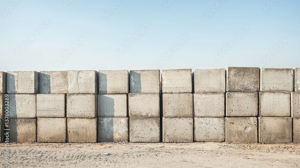 Aufkleber a stack of concrete blocks arranged neatly at a construction site under a clear sky.