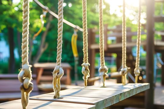 Fototapeta Rope bridge pathway over wood at play area with blurred foliage