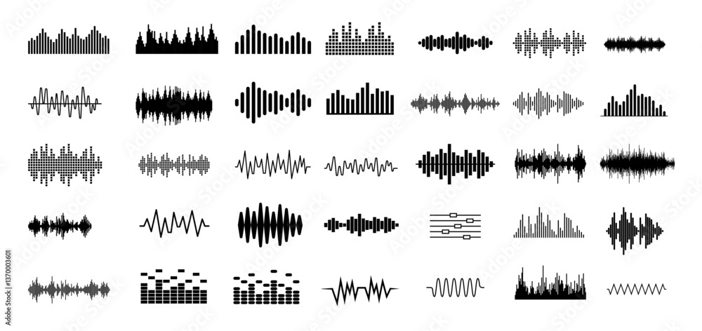 Aufkleber audio and sound symbols - vector graphic elements with music and volume waves spectrum and frequency