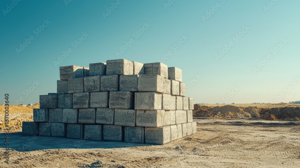 Poster a stack of concrete blocks arranged neatly at a construction site under a clear sky.