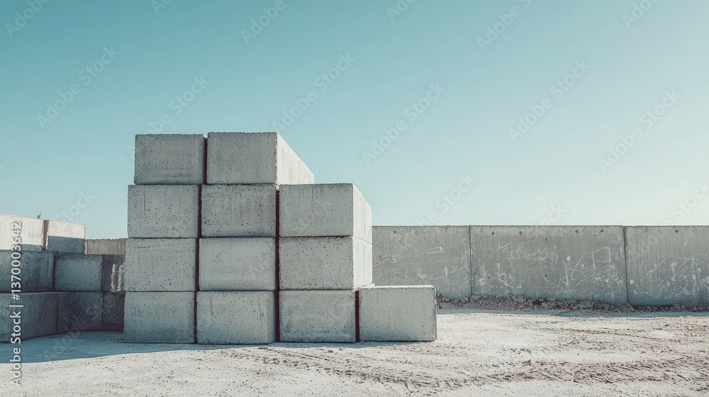 Poster a stack of concrete blocks arranged neatly at a construction site under a clear sky.