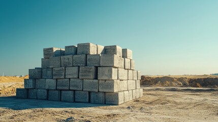 Obraz premium A stack of concrete blocks arranged neatly at a construction site under a clear sky.