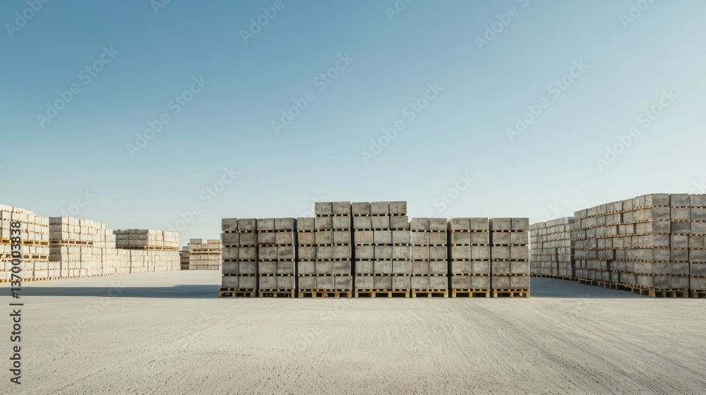 Aufkleber a stack of concrete blocks arranged neatly at a construction site under a clear sky.