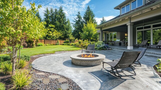 A modern concrete patio with a fire pit, lounge chairs, and a surrounding garden.