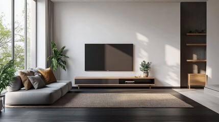 Modern living room interior with TV, sunlight, and plants. Ideal for home design magazines