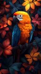Obraz premium Vibrant Macaw Among Dark Foliage and Autumn Flowers
