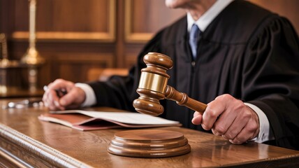 Judge holding gavel in courtroom, ready to pronounce judgment.
