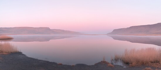 Fototapeta premium Calm lake sunrise, misty mountains reflecting, peaceful landscape